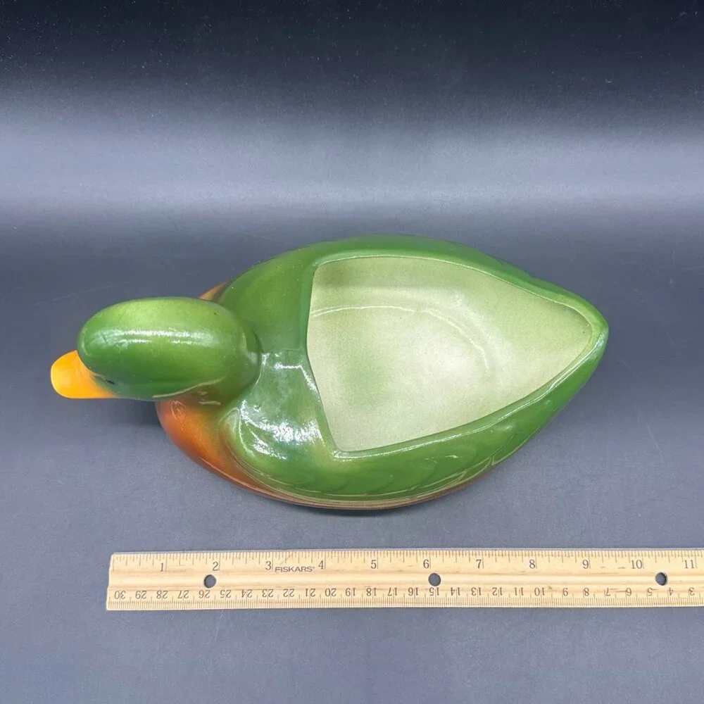 Vintage Duck Planter Catch All Caddy Green Brown Lodge Cabin Decor Ceramic Retro